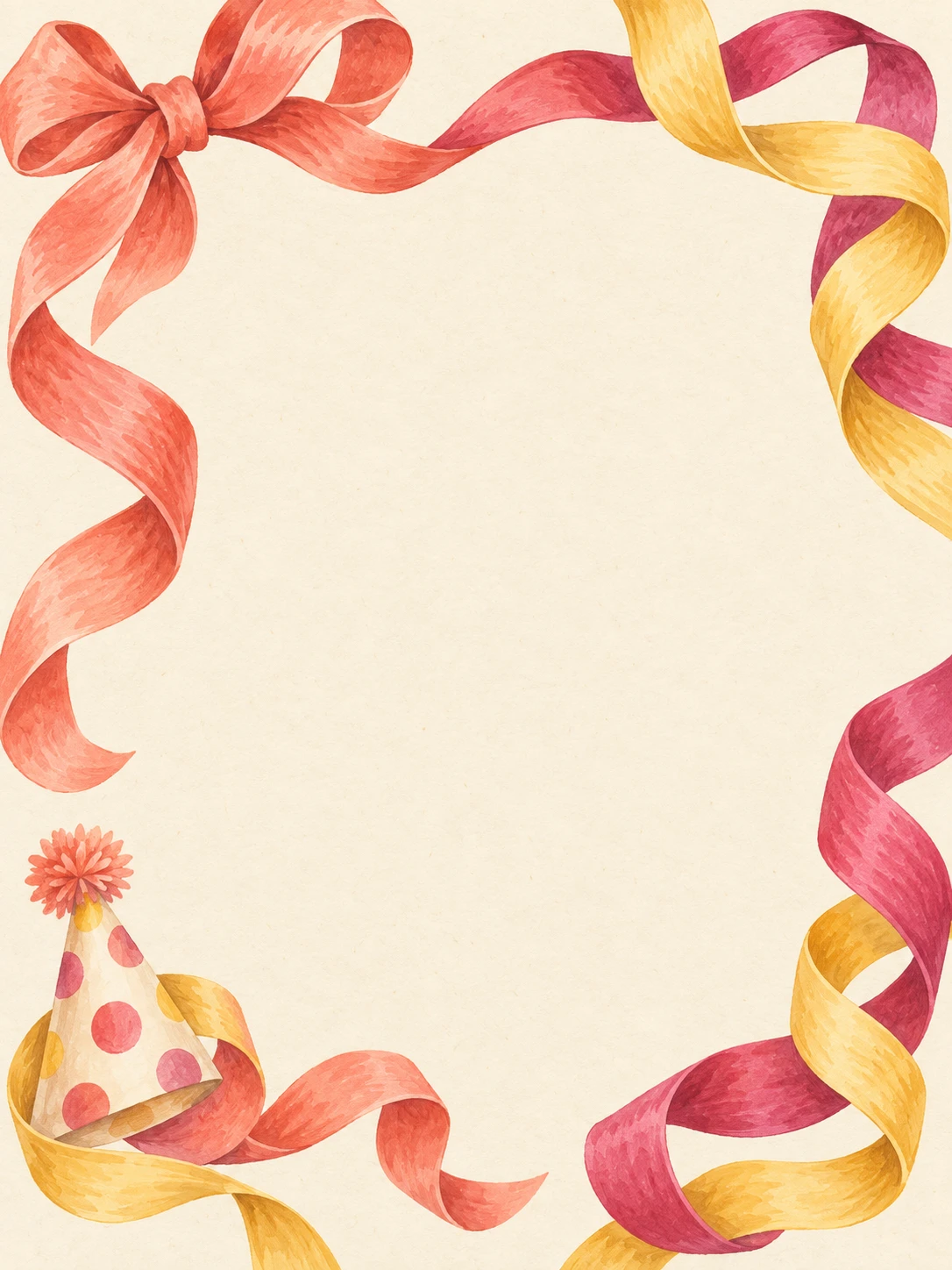 Coral, raspberry and yellow painted ribbons surround ivory paper, with a small party hat.