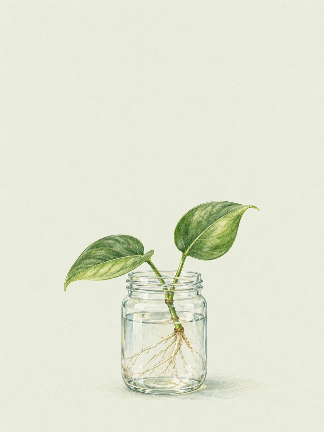 A green two-leaf cutting grows fine roots in a clear water-filled jar.