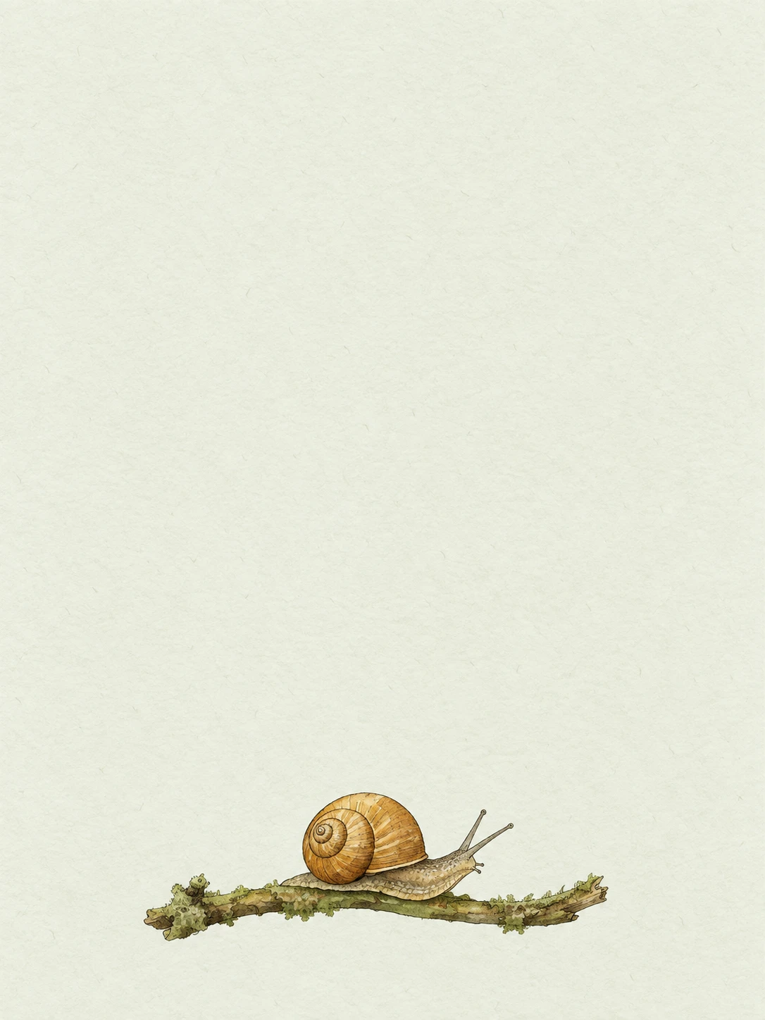 An ochre-shelled snail travels along a mossy twig on pale sage paper.