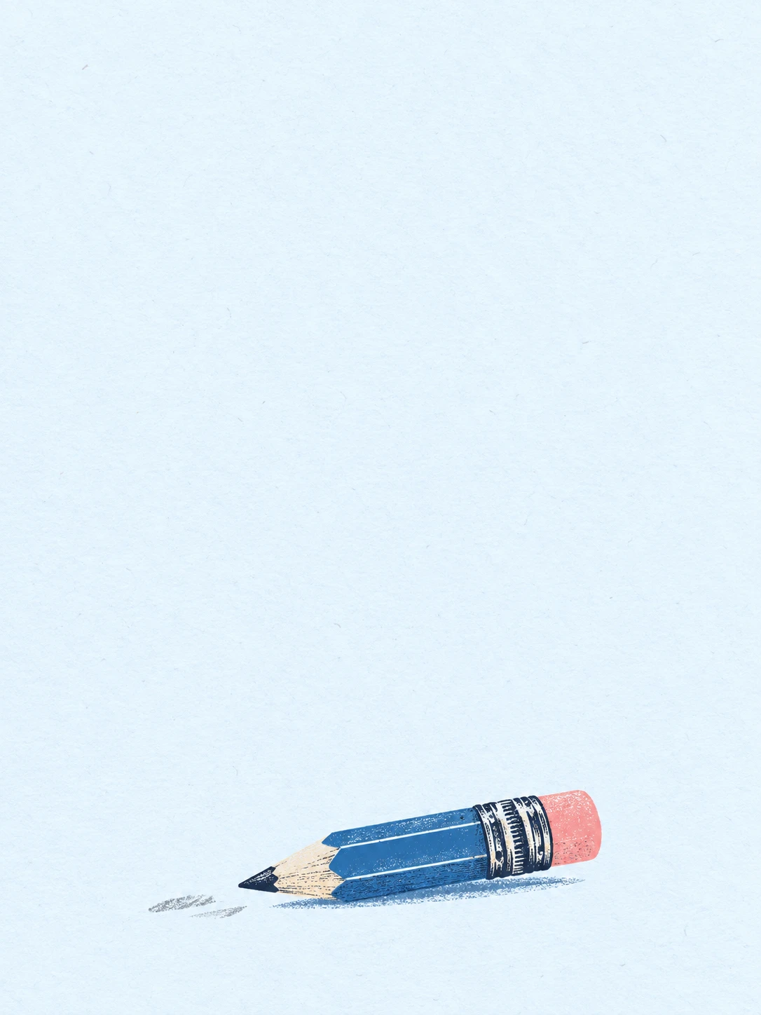 A short blue pencil with a pink eraser rests beside faint graphite marks on pale blue paper.