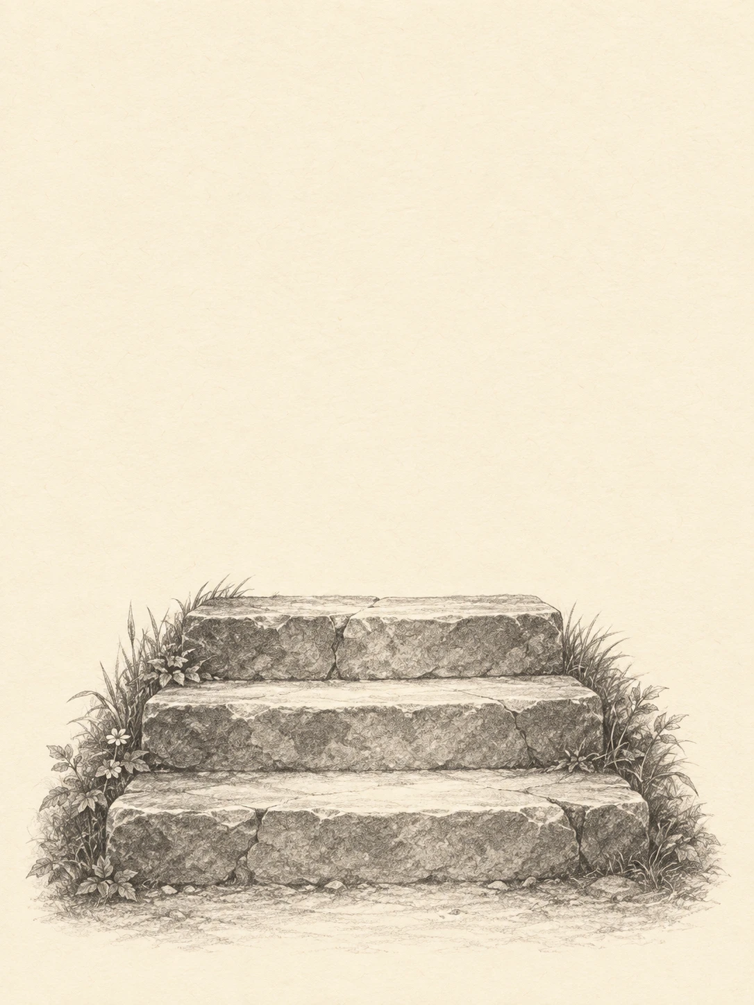 Three worn stone steps rise between grasses and a small daisy, drawn in soft graphite.