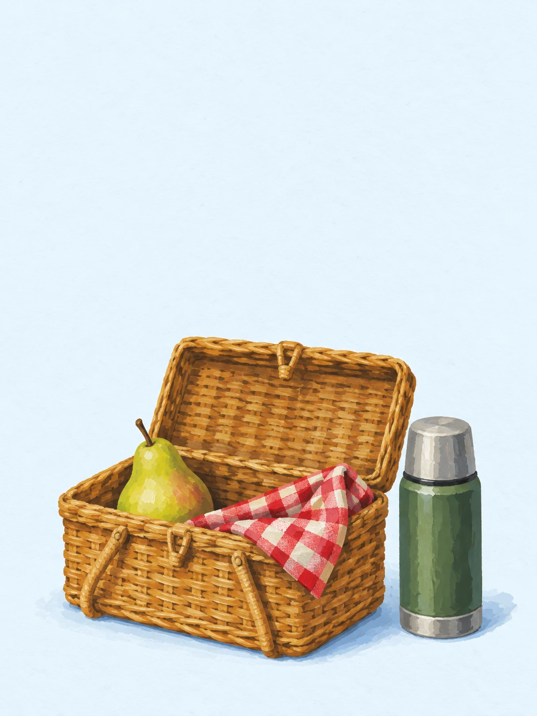 An open wicker basket holds a pear and red checked napkin beside a green thermos.