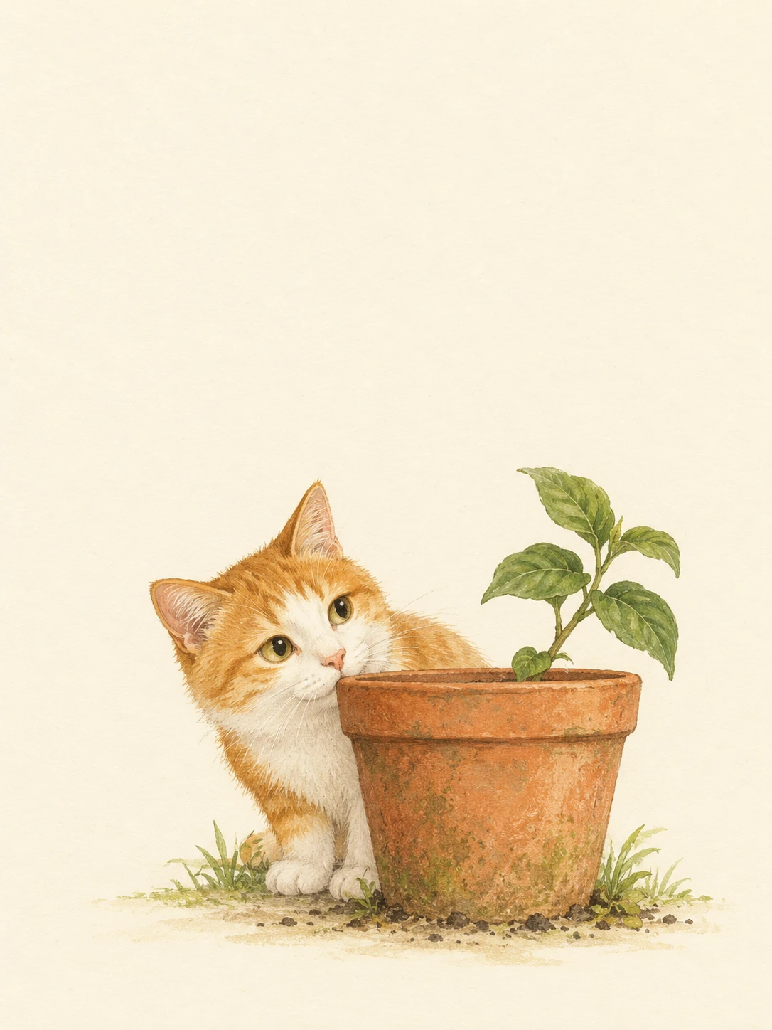 A ginger-and-cream kitten peeks around a terracotta pot holding a leafy green plant.