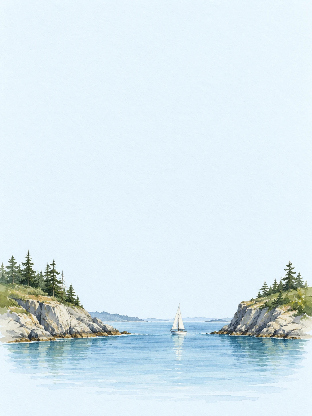 A small white sailboat crosses calm blue water between two pine-covered rocky headlands.