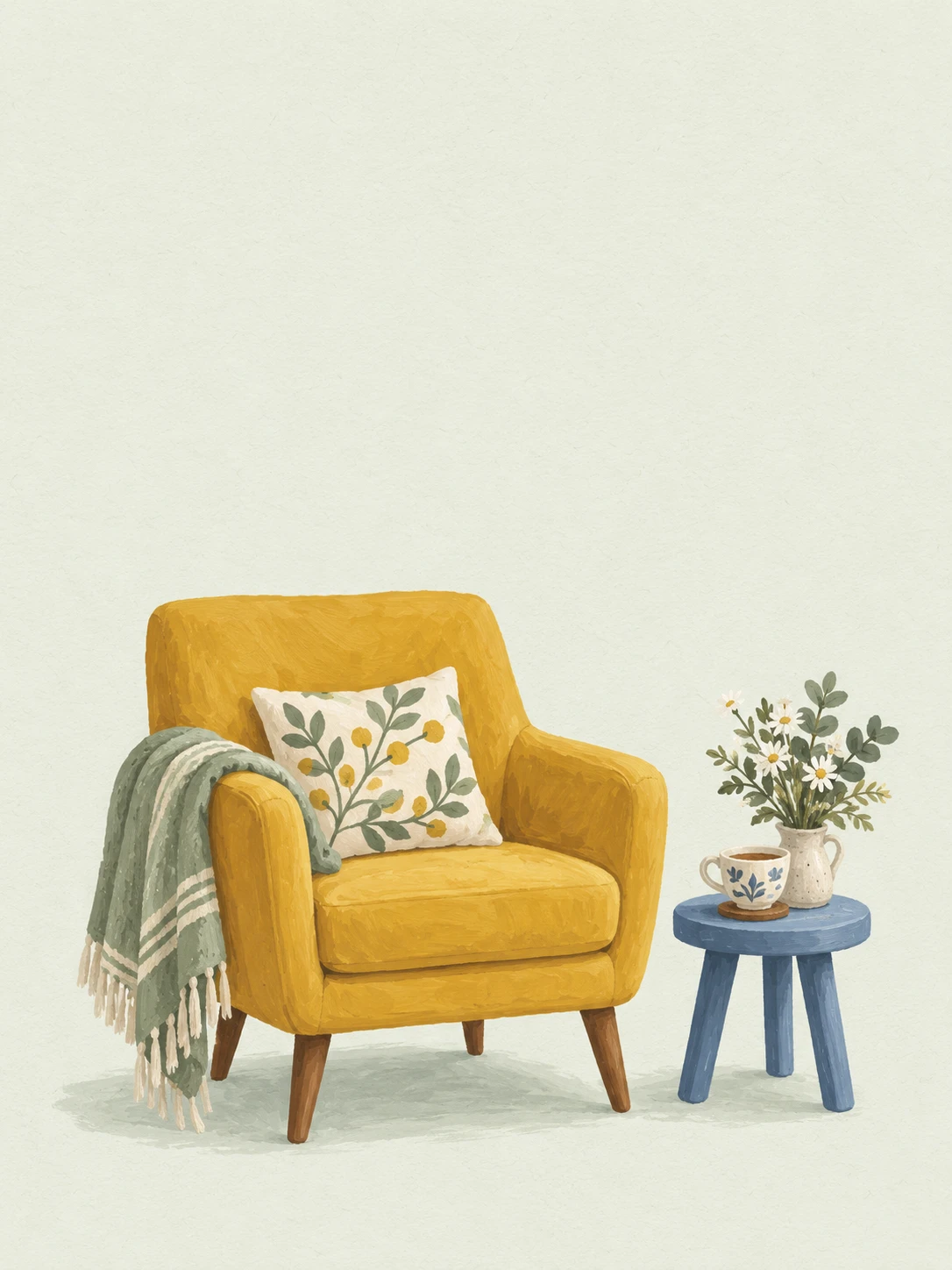 A mustard armchair with a green throw sits beside a blue stool holding tea and daisies.