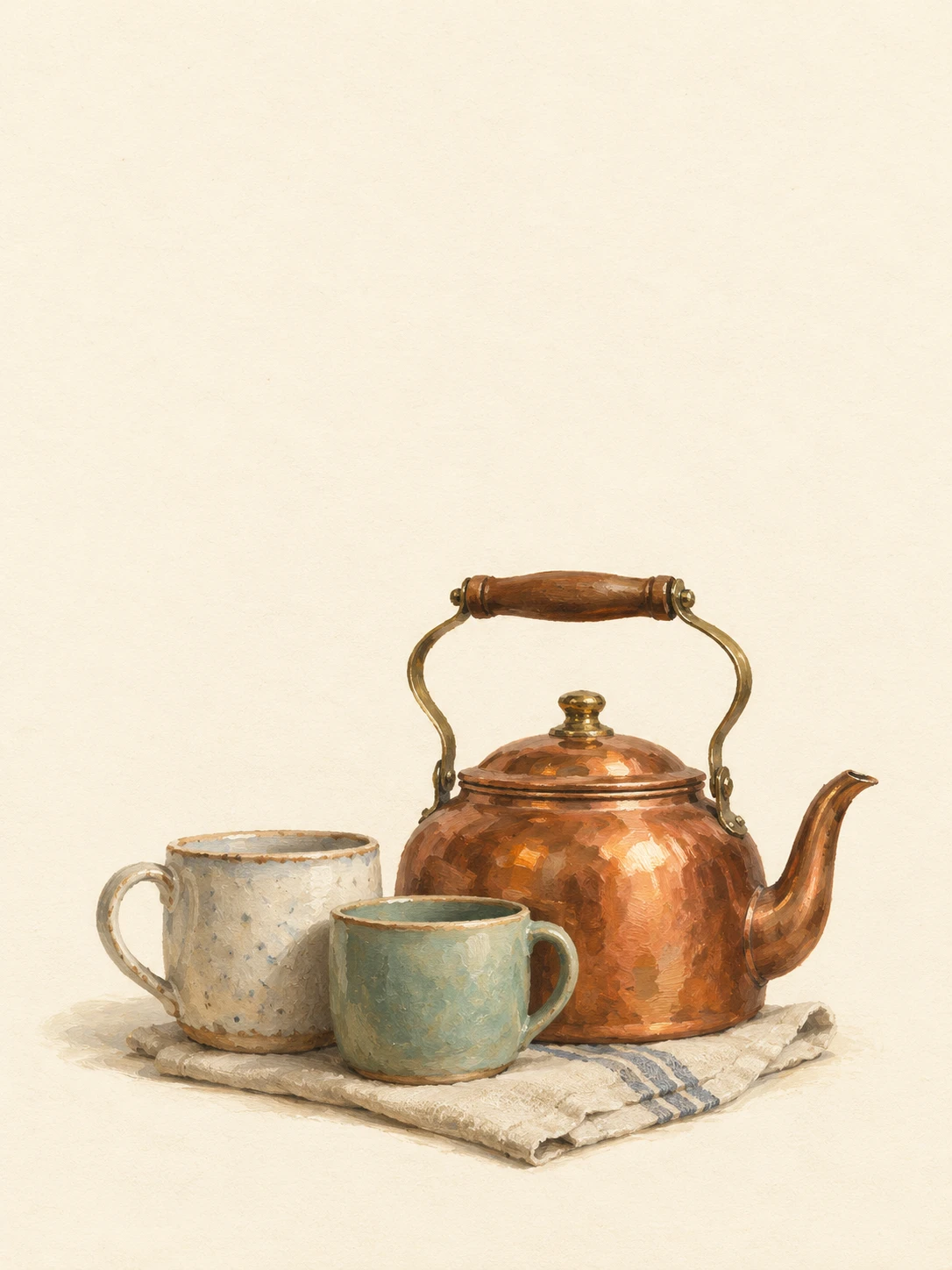 A copper kettle and two ceramic cups rest on folded cream linen.