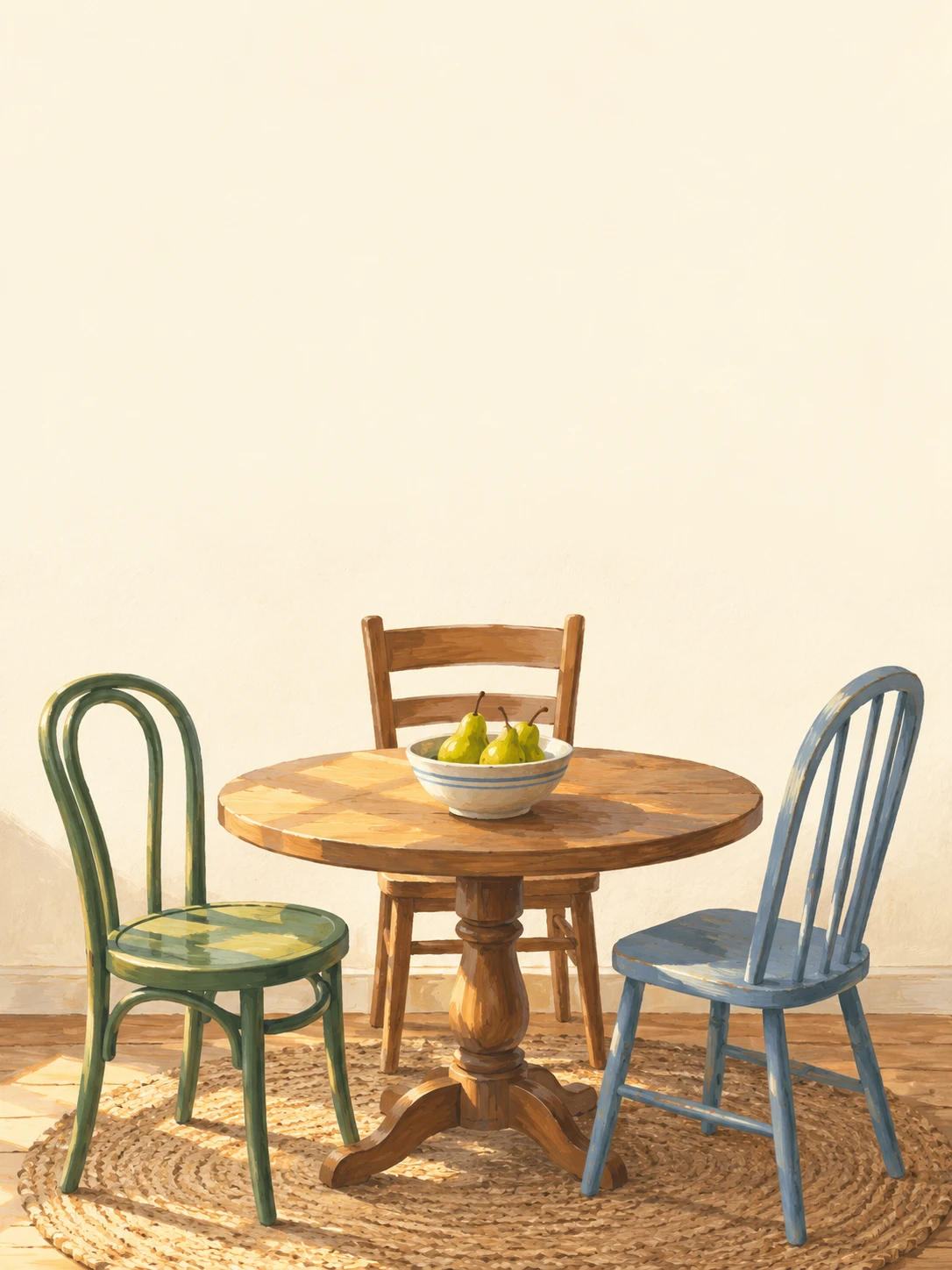 Three mismatched chairs surround a round wooden table holding a bowl of pears.