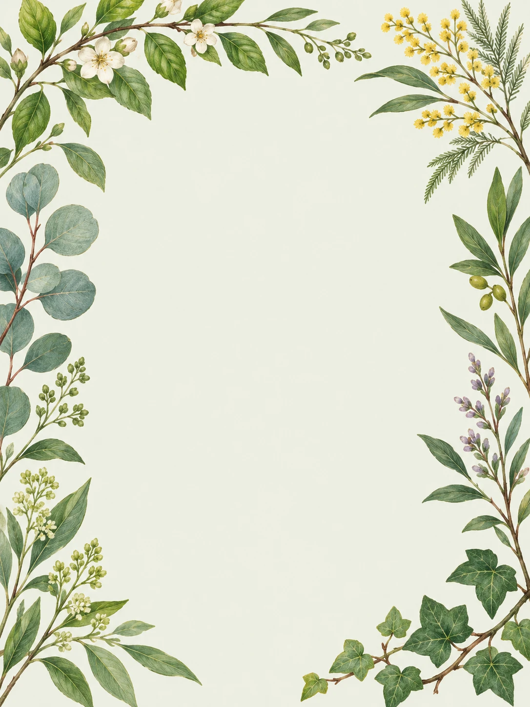 Varied botanical branches with green leaves, white and yellow flowers form an open border.