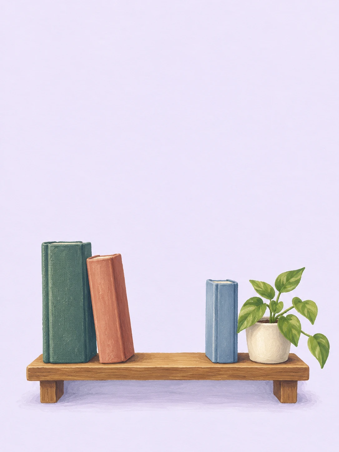 Three colorful books and a potted leafy plant rest on a low wooden shelf against a lilac background.