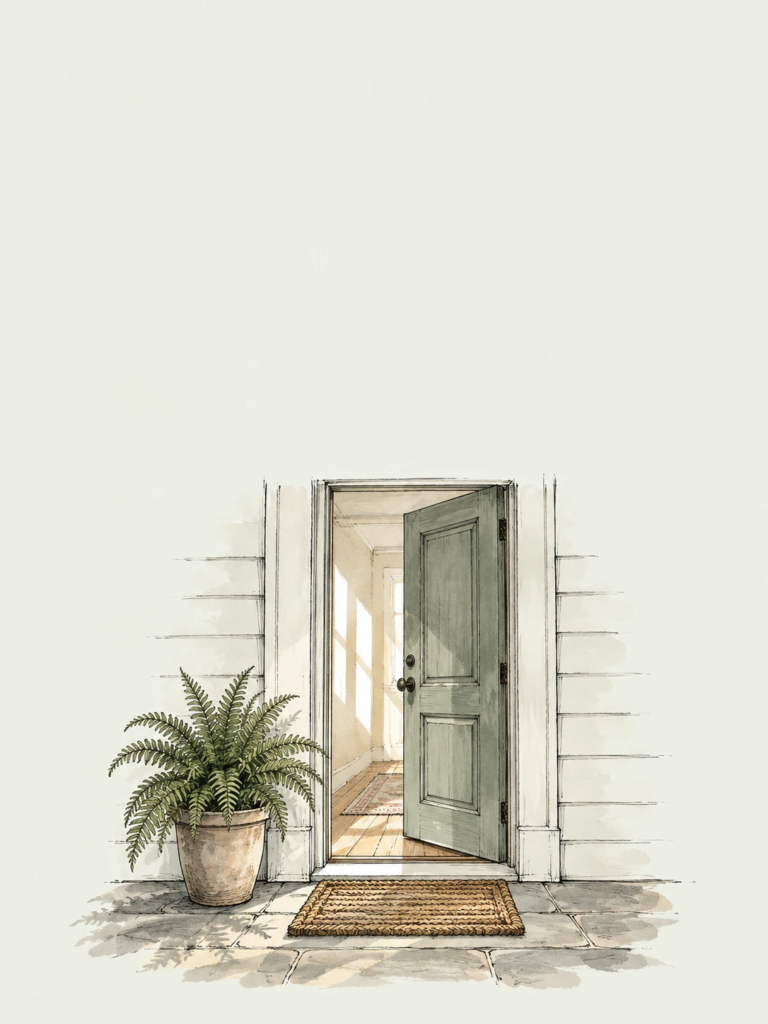 A sage front door opens to a softly lit hall, with a potted fern and woven mat outside.