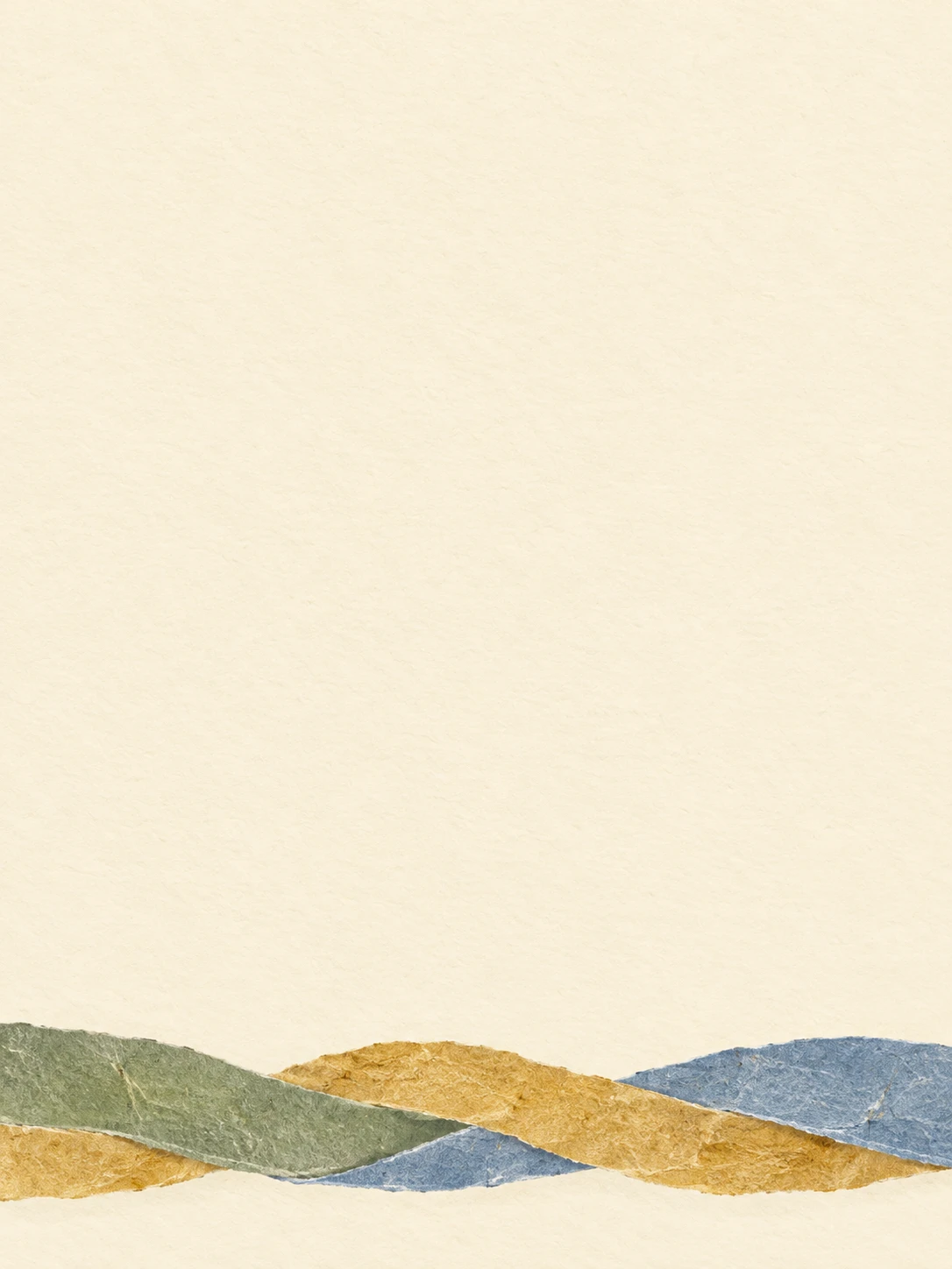 Three textured painted-paper ribbons in sage, ochre and blue weave across the bottom of cream paper.