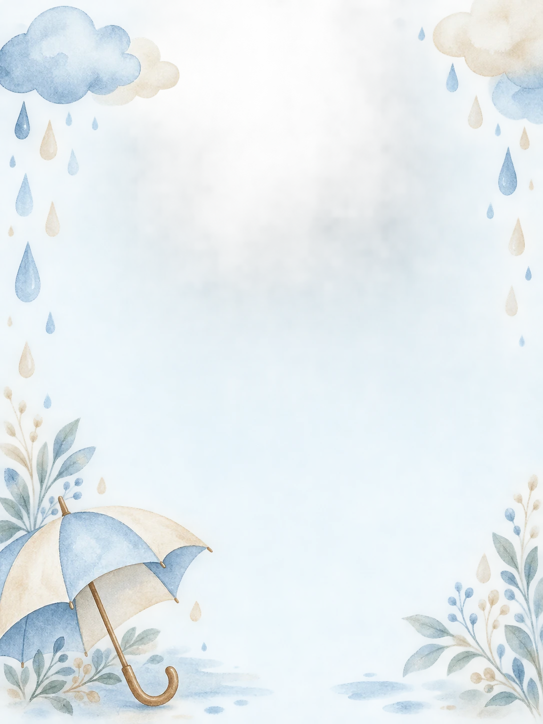 Blue and cream clouds, raindrops and leafy sprigs frame an open center, with a small umbrella at the lower left.