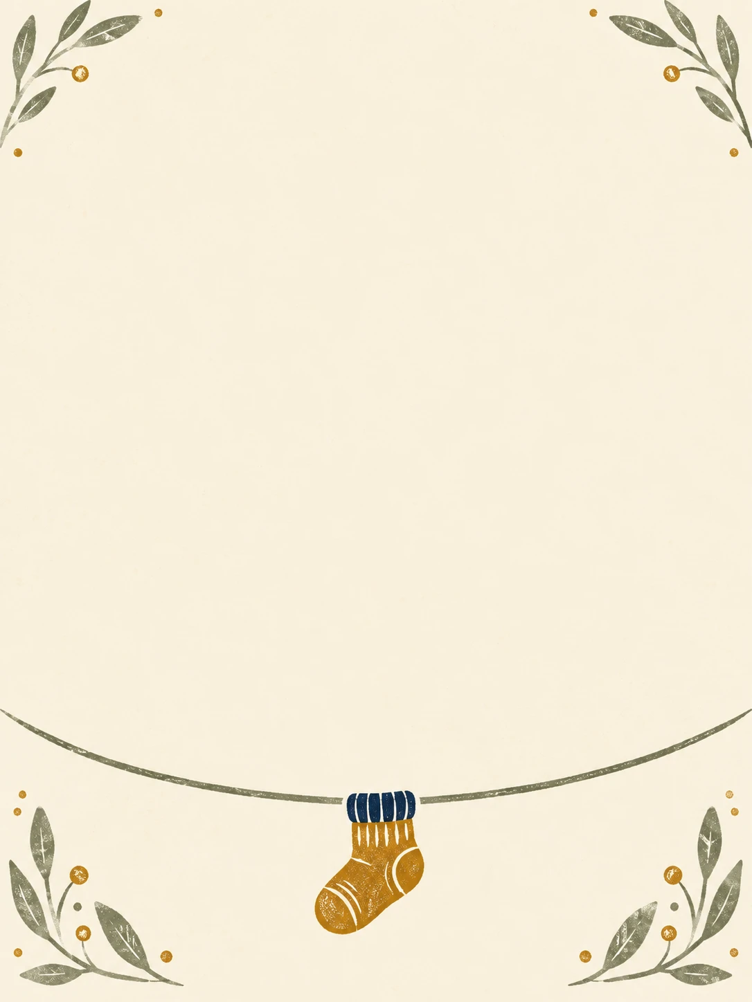 An ochre baby sock with a navy cuff hangs from a curved line, framed by olive leaf prints and small gold circles.