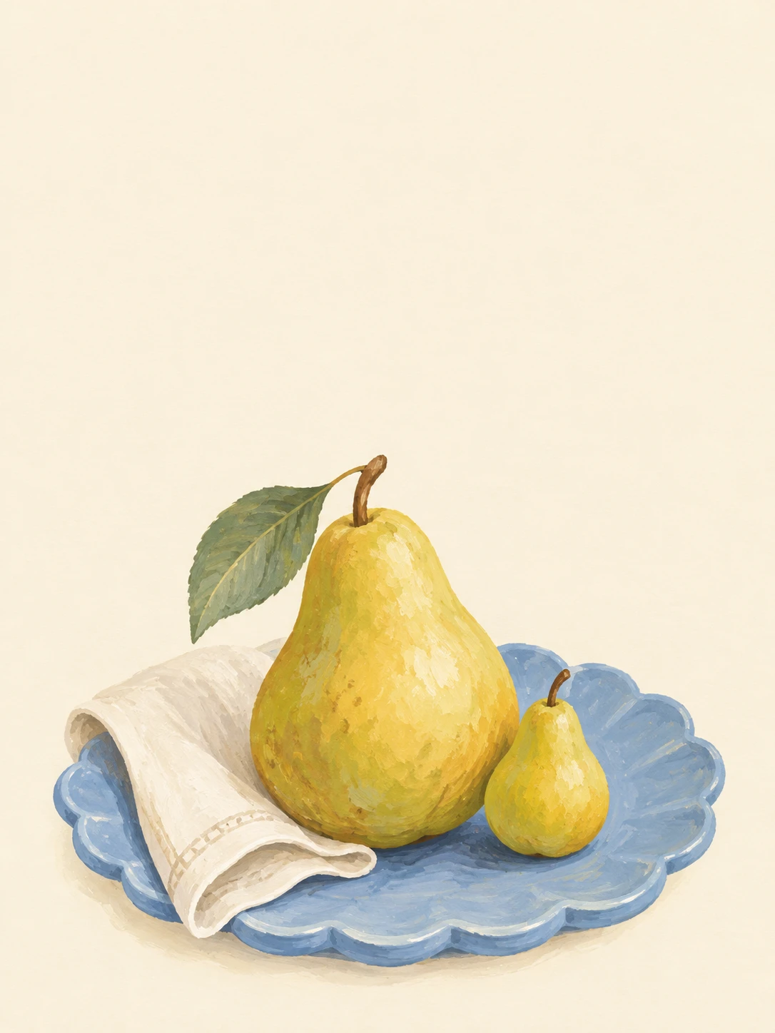 A large golden pear and a tiny pear sit on a blue scalloped plate beside an ivory napkin.