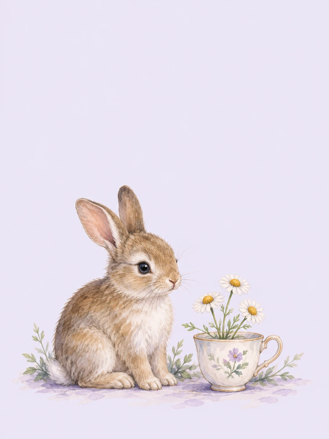 A soft brown rabbit sits beside a floral teacup holding daisies on pale lavender paper.