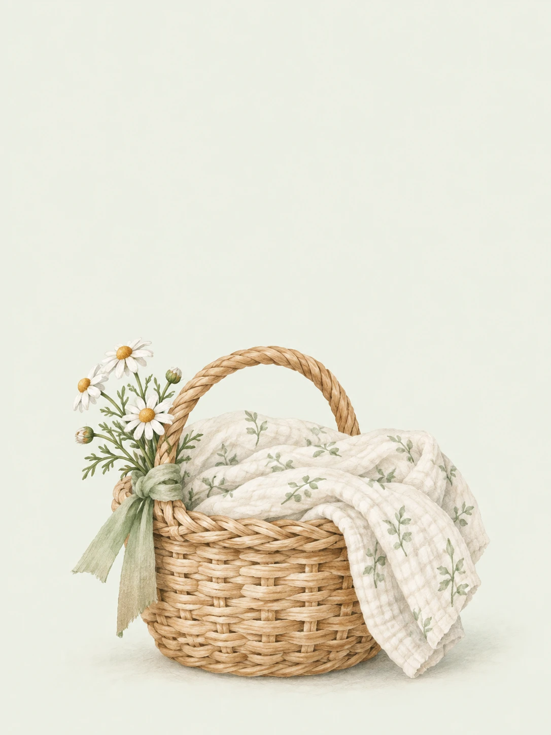 A woven basket holds a leafy-patterned muslin blanket, with chamomile flowers and a sage ribbon tucked beside its handle.