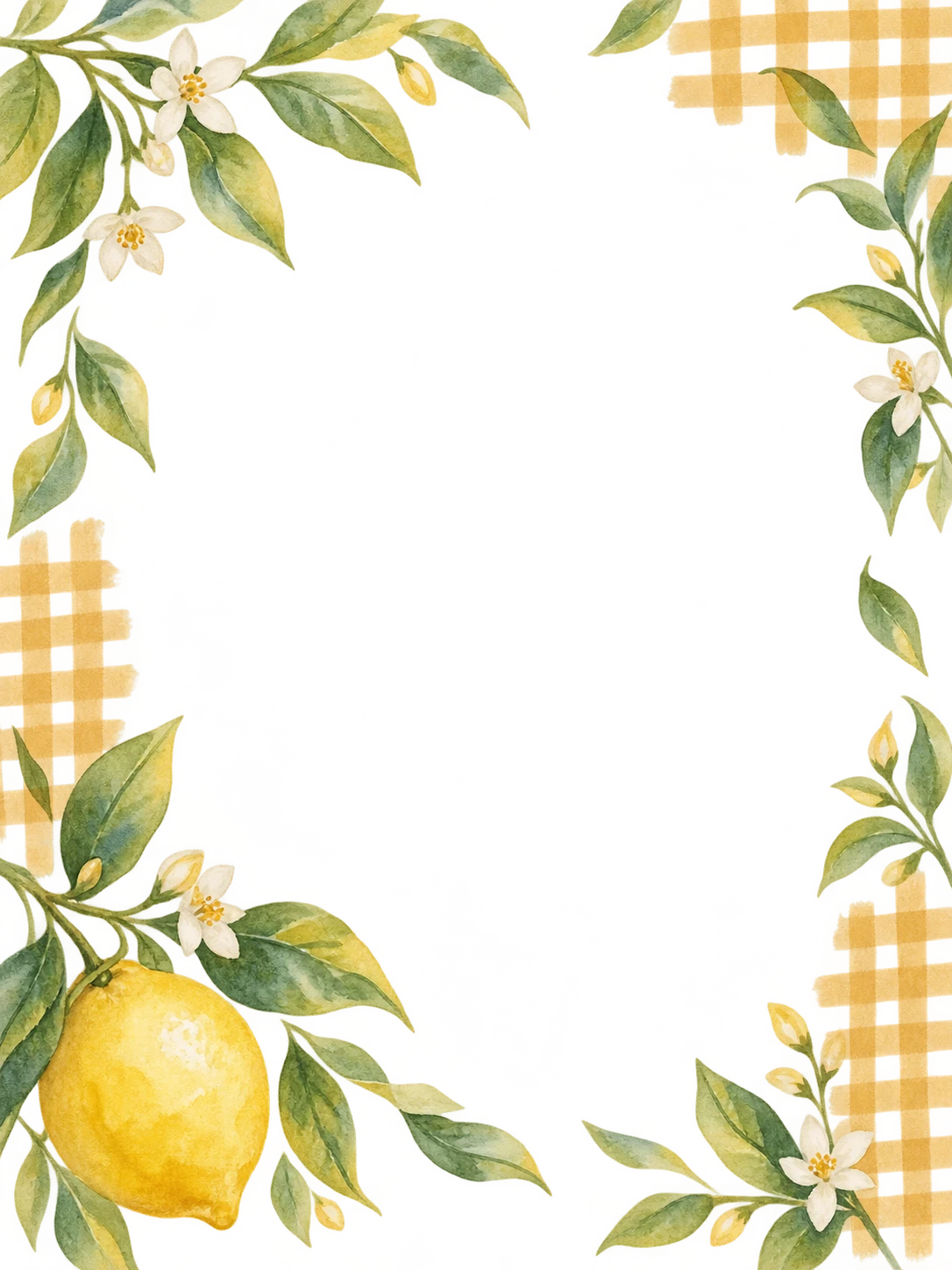 Painted lemon leaves, white blossoms and ochre gingham edge accents frame an open center, with a lemon below.