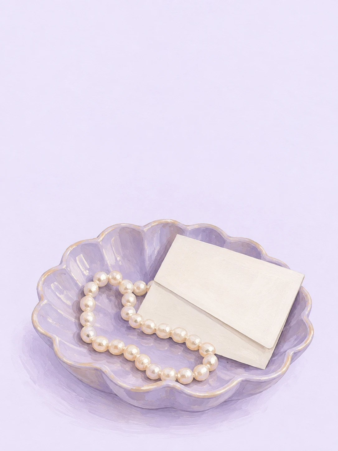 A strand of ivory pearls and a blank folded note rest in a scalloped lilac dish.