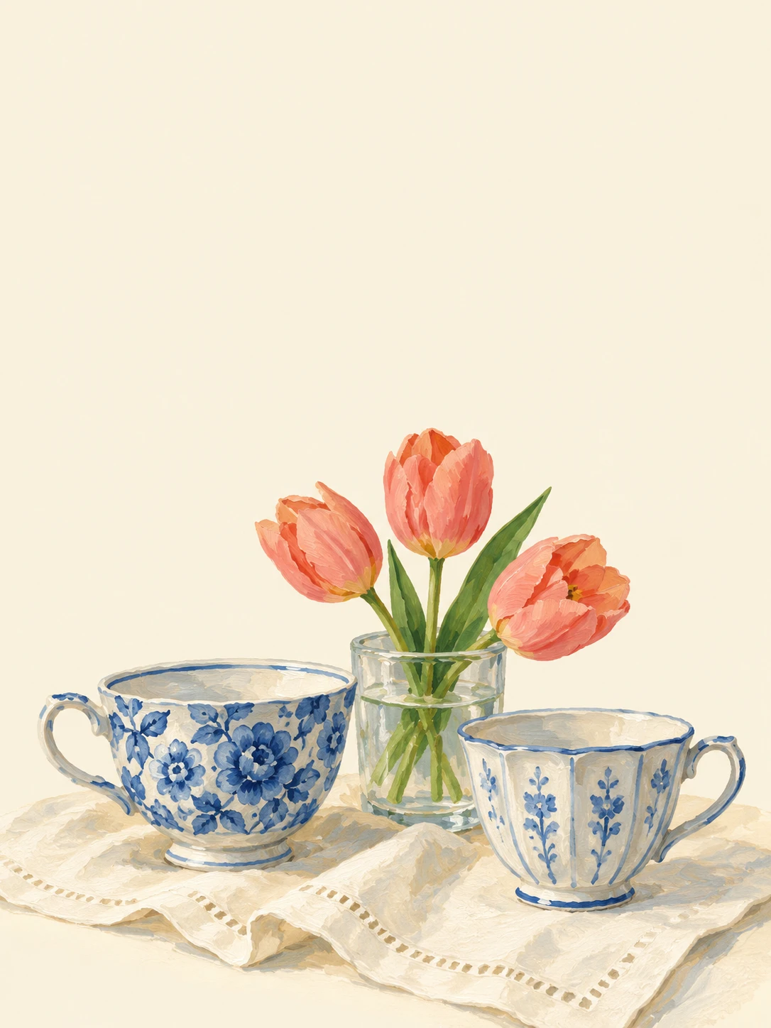 Two patterned blue teacups beside coral tulips in a clear glass, resting on ivory linen.