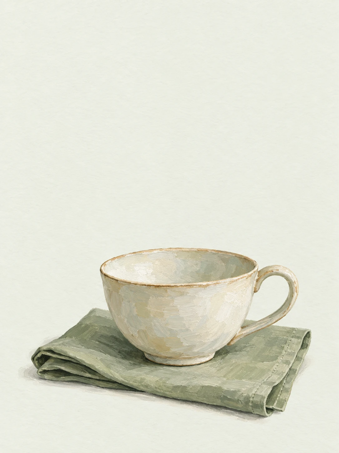 A softly painted cream ceramic tea cup sits on folded sage linen.