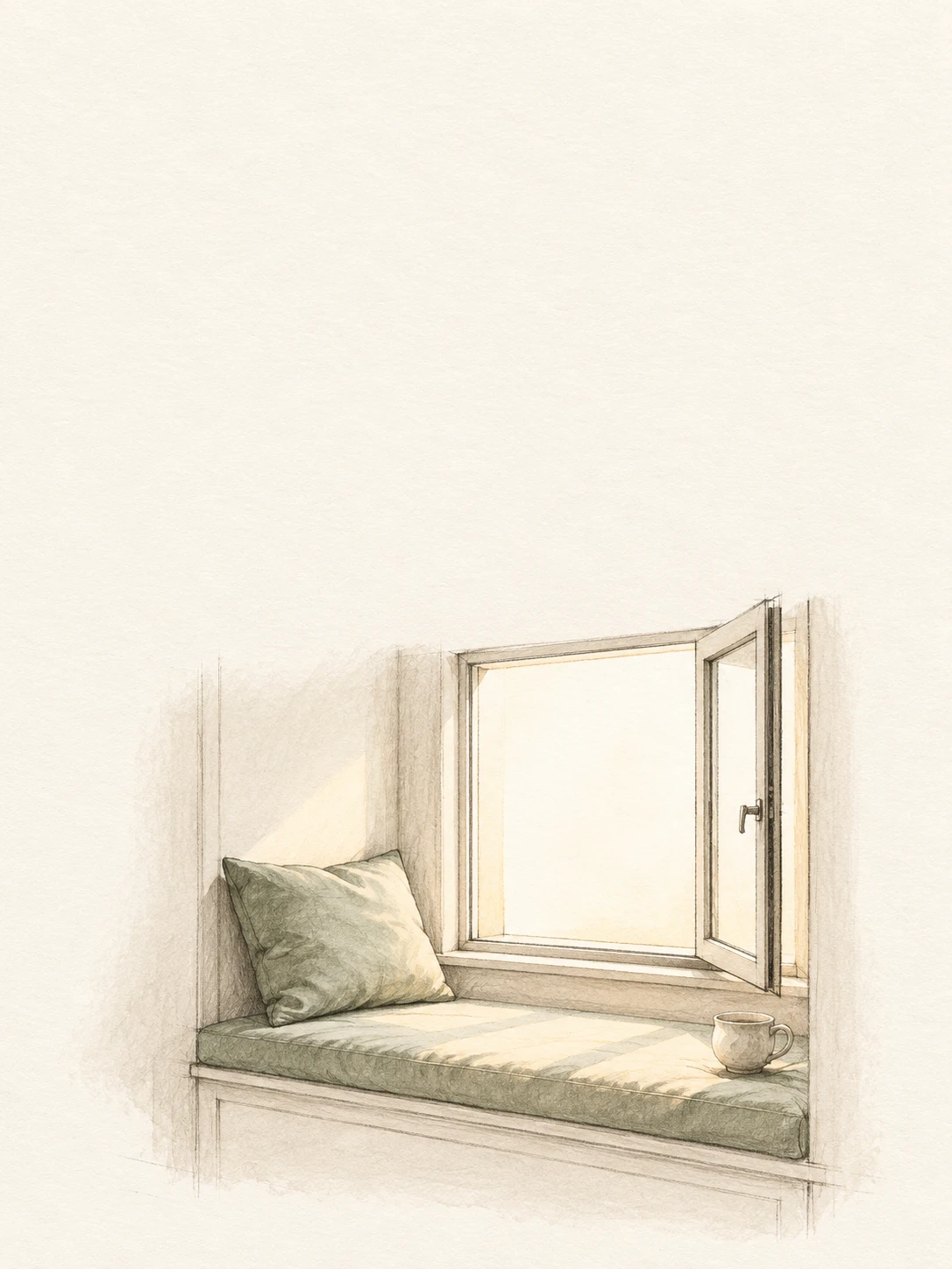 A softly drawn open window above a sage-cushioned window seat, with a small ceramic tea cup.