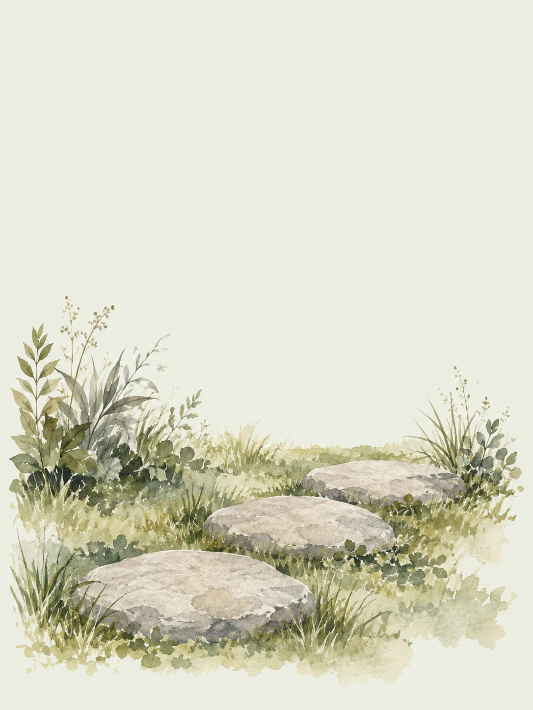 Three broad stepping stones cross a quiet patch of soft grasses and leafy plants.