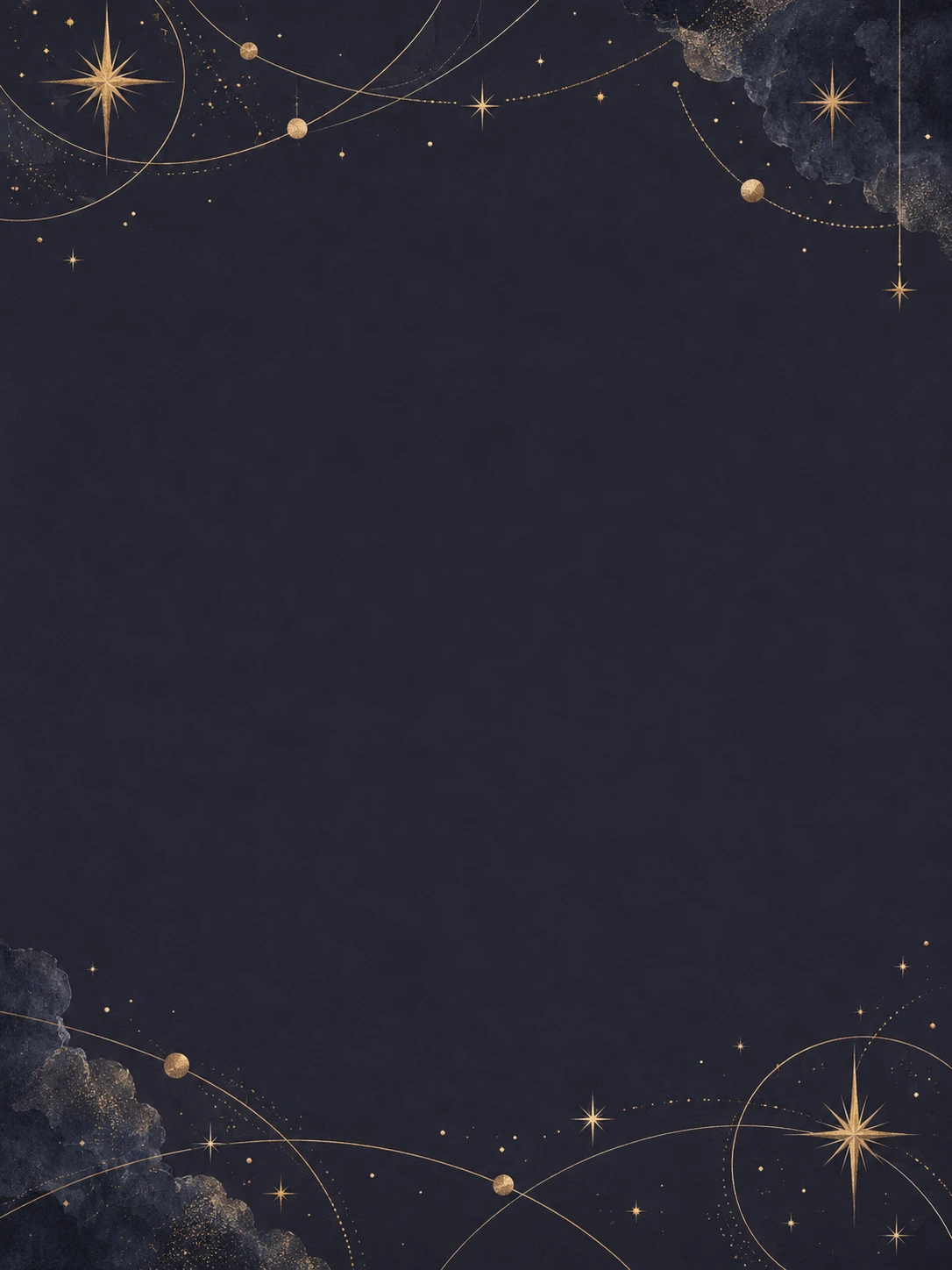 Fine brass stars, small circles and graceful arcs decorate the outer edges of midnight-blue paper.