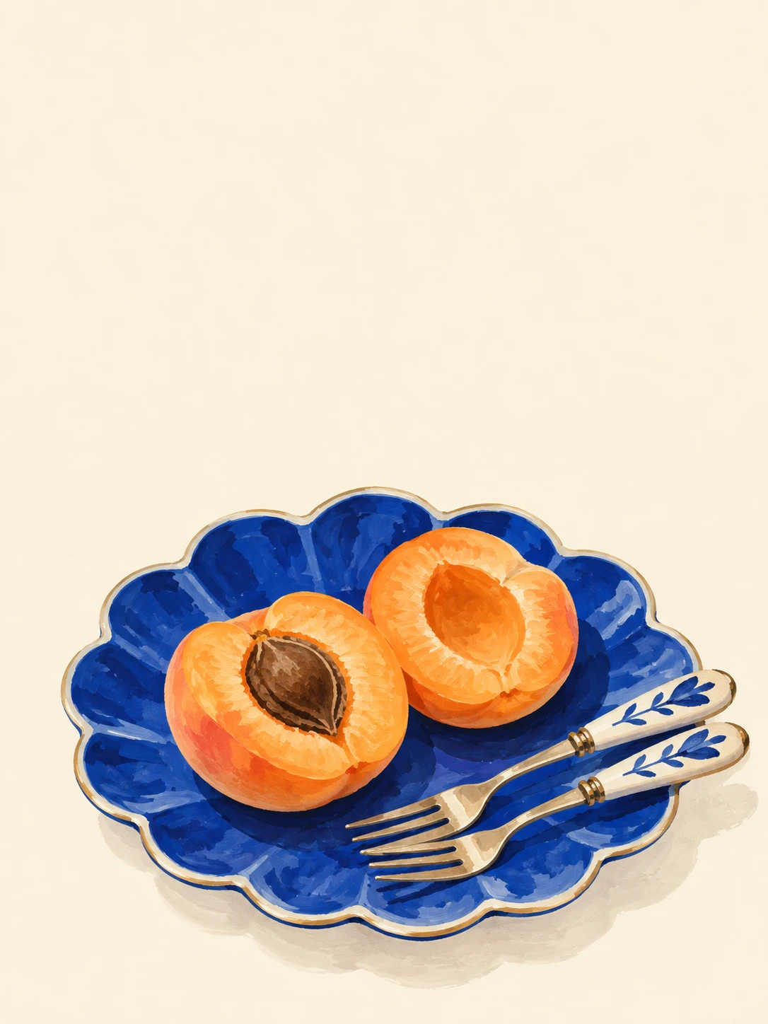 Two apricot halves and two small dessert forks rest on a scalloped cobalt plate.