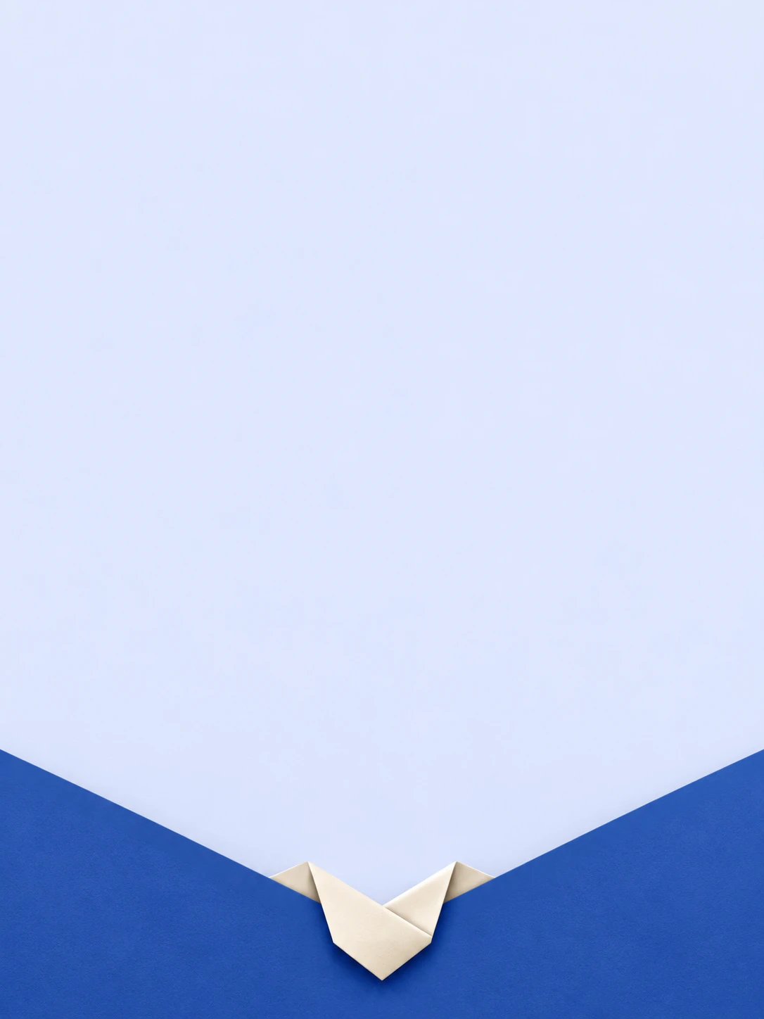 Interlocking cream paper folds meet between deep cobalt corners on a pale periwinkle field.