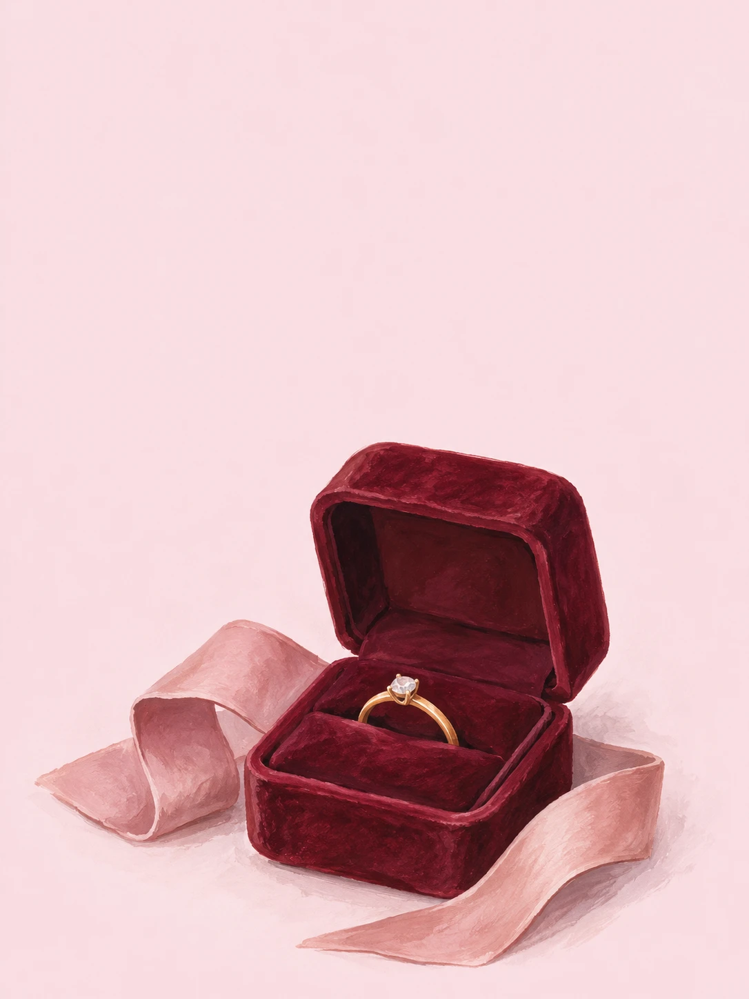 A gold engagement ring in an open burgundy velvet box, surrounded by a loose blush ribbon.