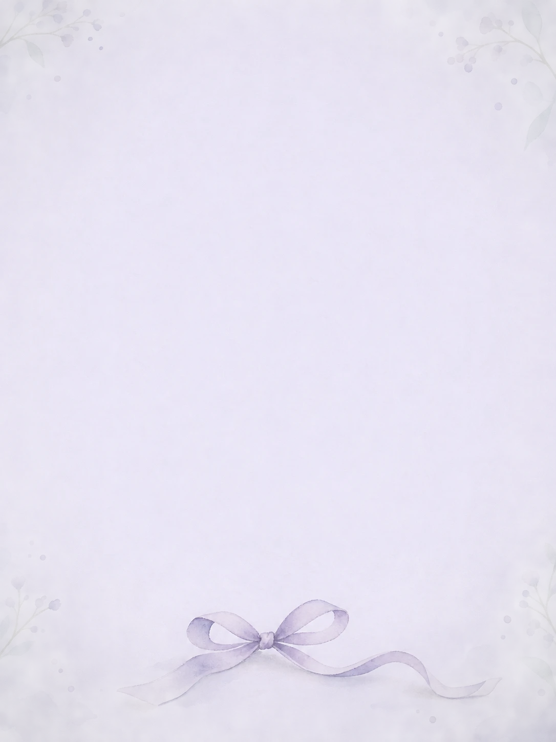 A small lavender watercolor bow sits below pale leafy sprigs on softly tinted paper.