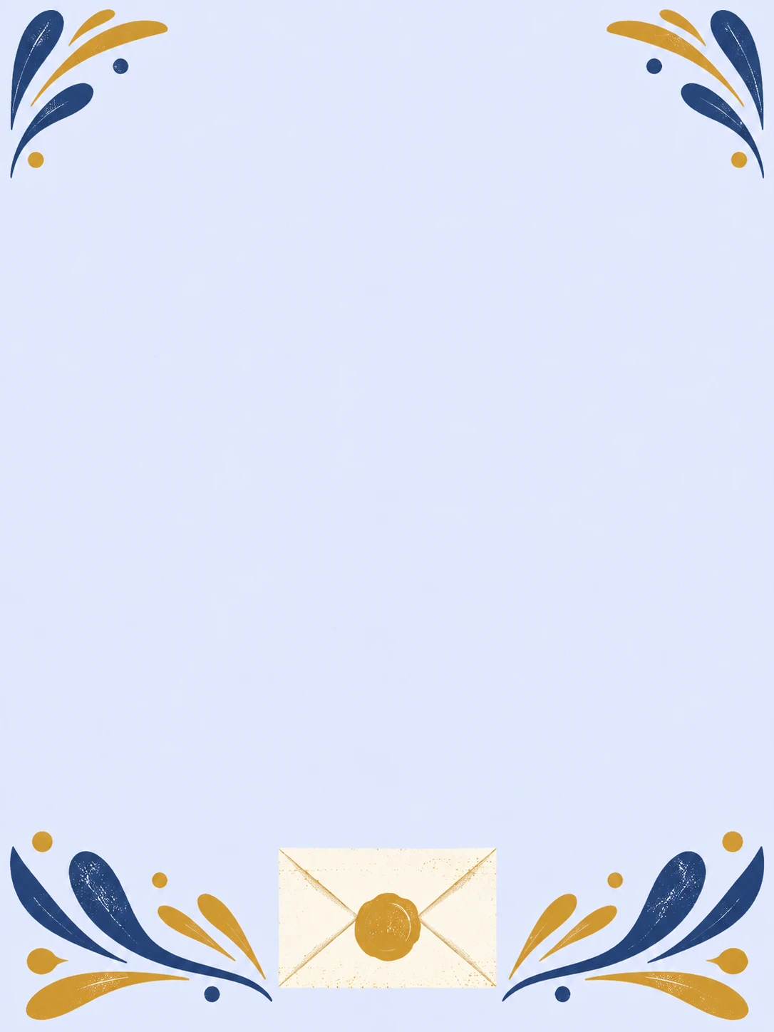 A small sealed ivory envelope sits between cobalt and ochre printed corner flourishes.