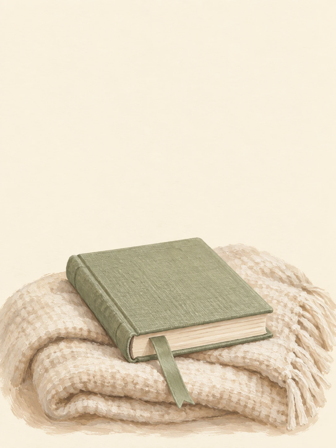 A closed sage linen book with a ribbon bookmark rests on a folded cream blanket.