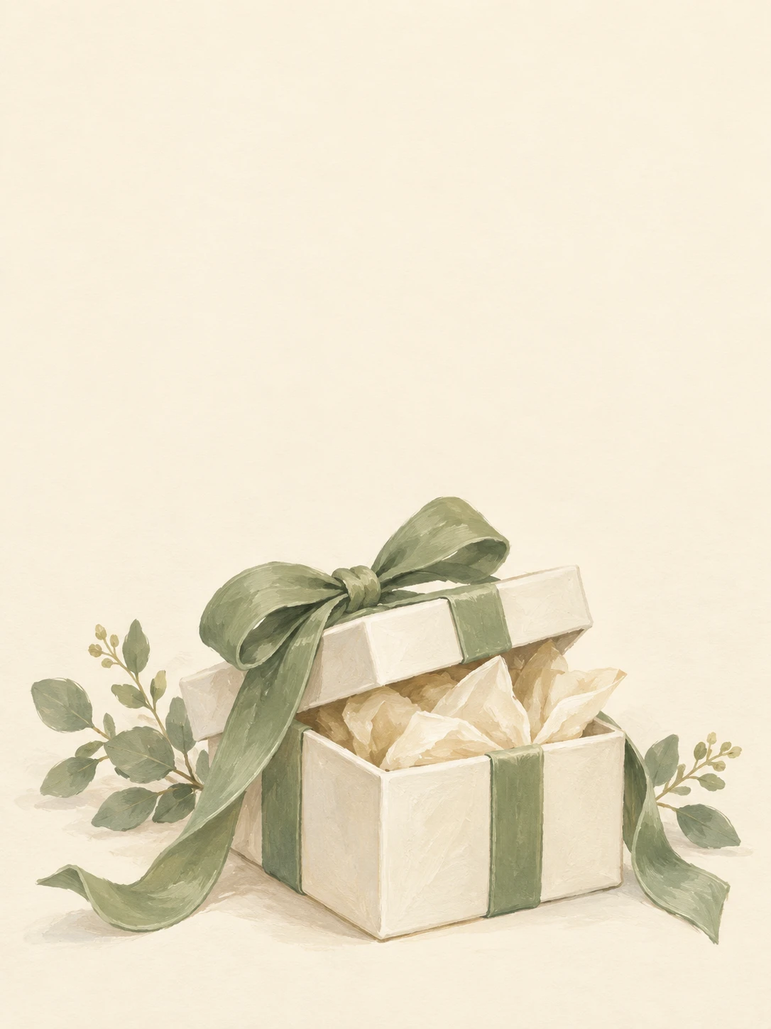 A partly opened ivory gift box with cream tissue, a sage ribbon and small leafy sprigs.