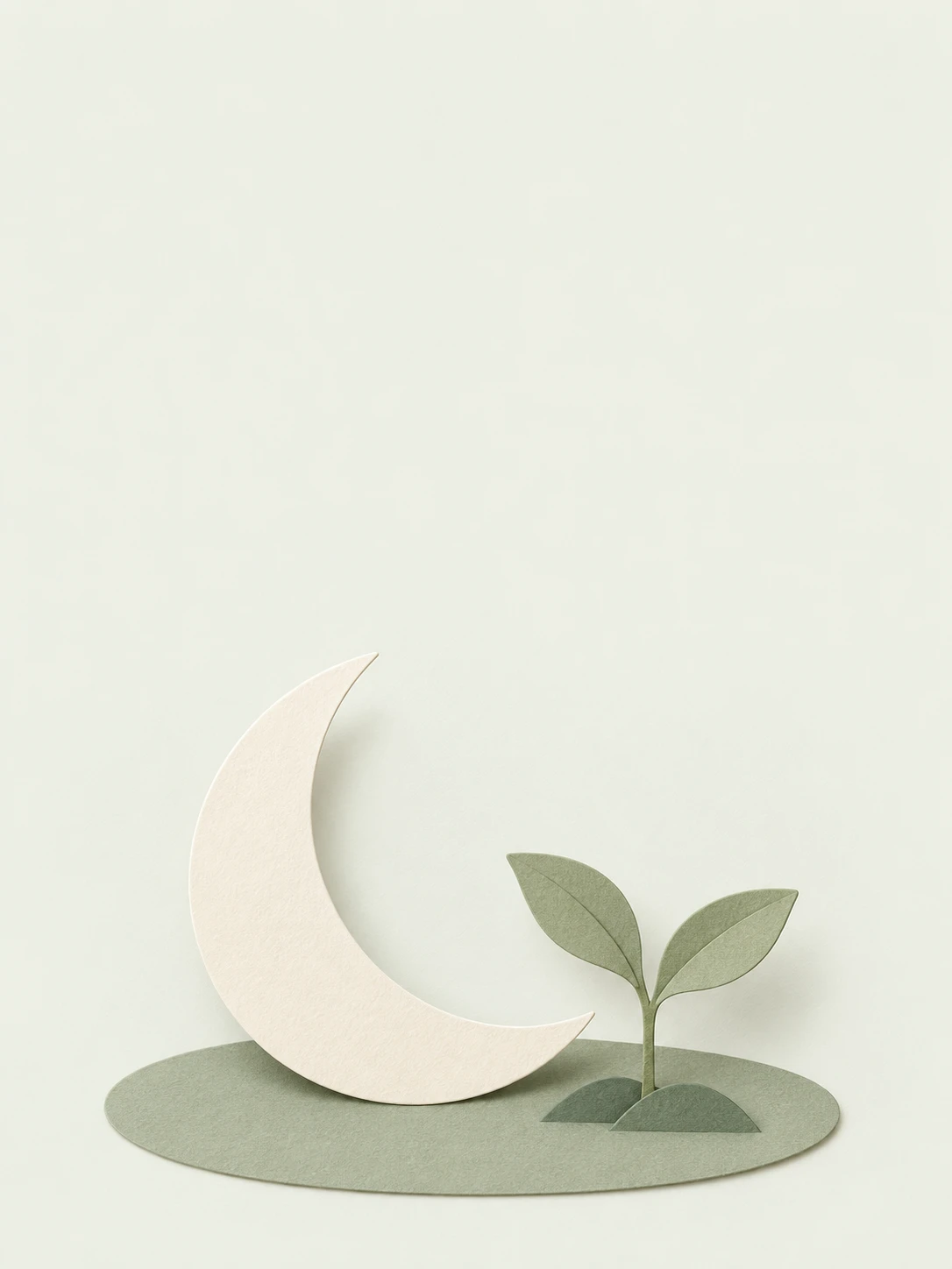 A cream paper crescent and a small two-leaf seedling stand together on a sage oval base.