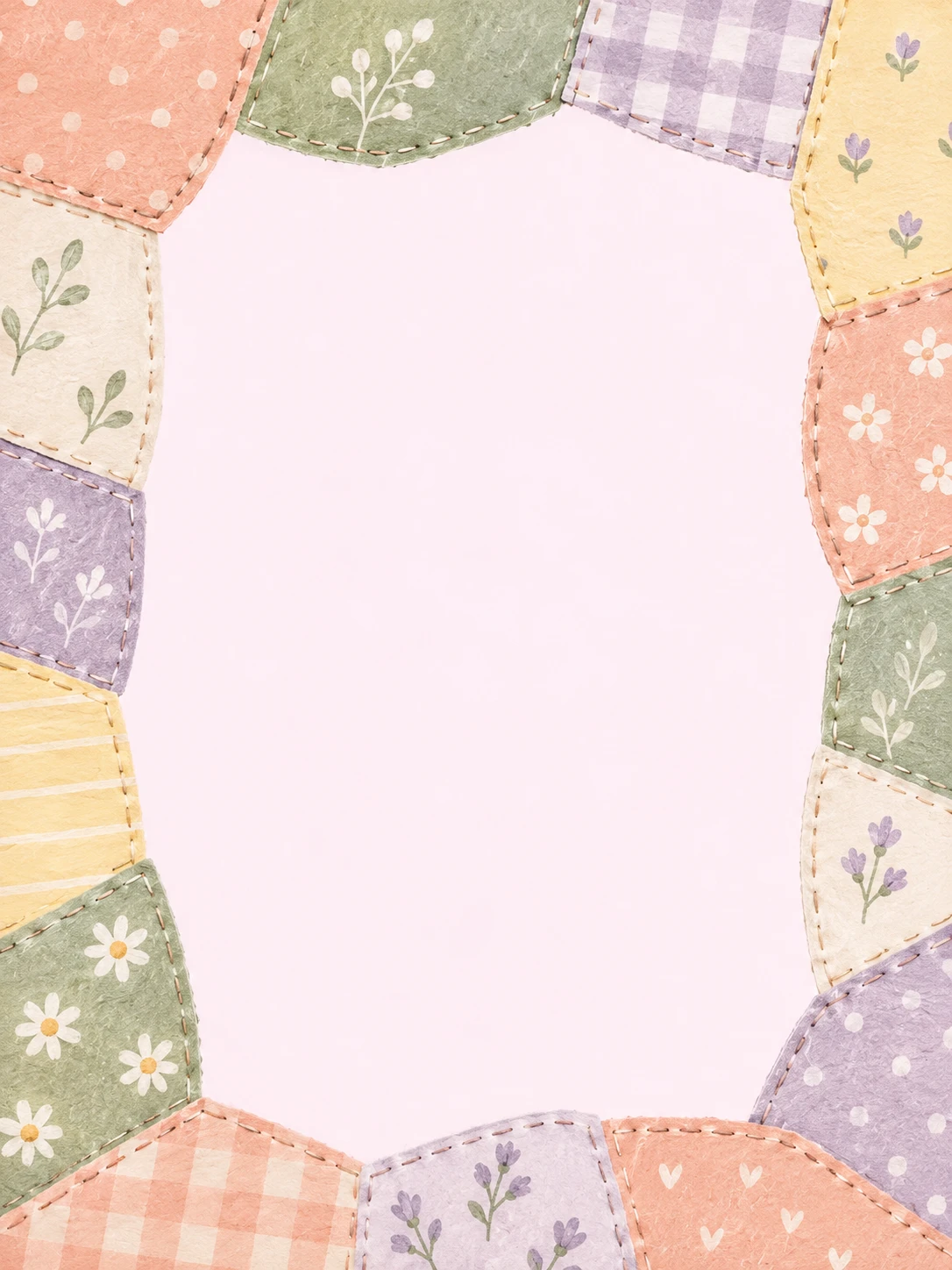 Stitched pastel quilt patches with tiny botanical patterns frame a quiet pale pink center.