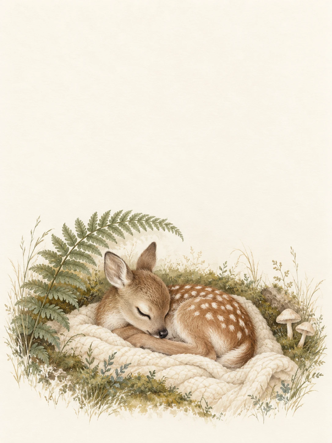A sleeping fawn curls on an ivory quilt beneath a fern, beside two tiny mushrooms.