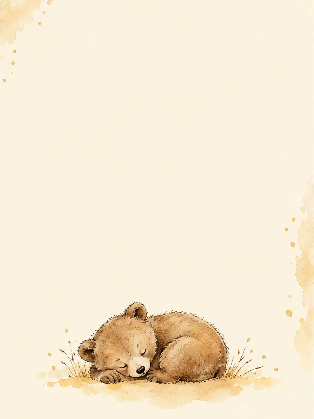 A tiny sleeping bear curls beneath a quiet cream field, with delicate honey-colored ink and watercolor accents.