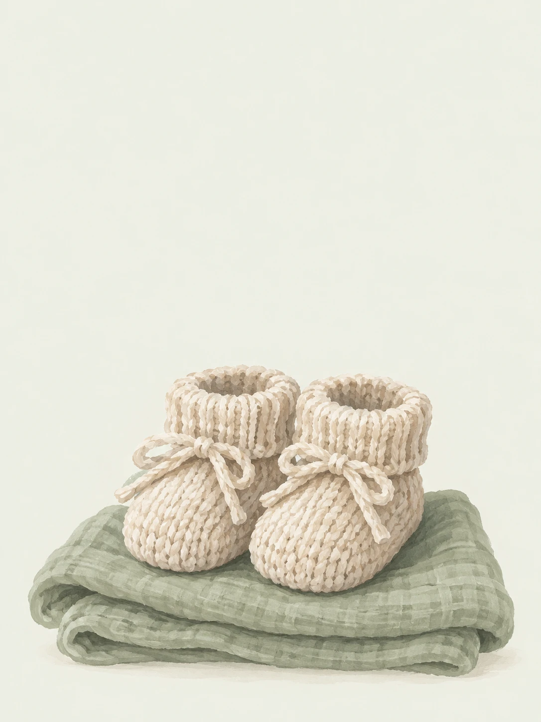 Cream knitted baby booties with little bows rest on a folded sage muslin cloth.