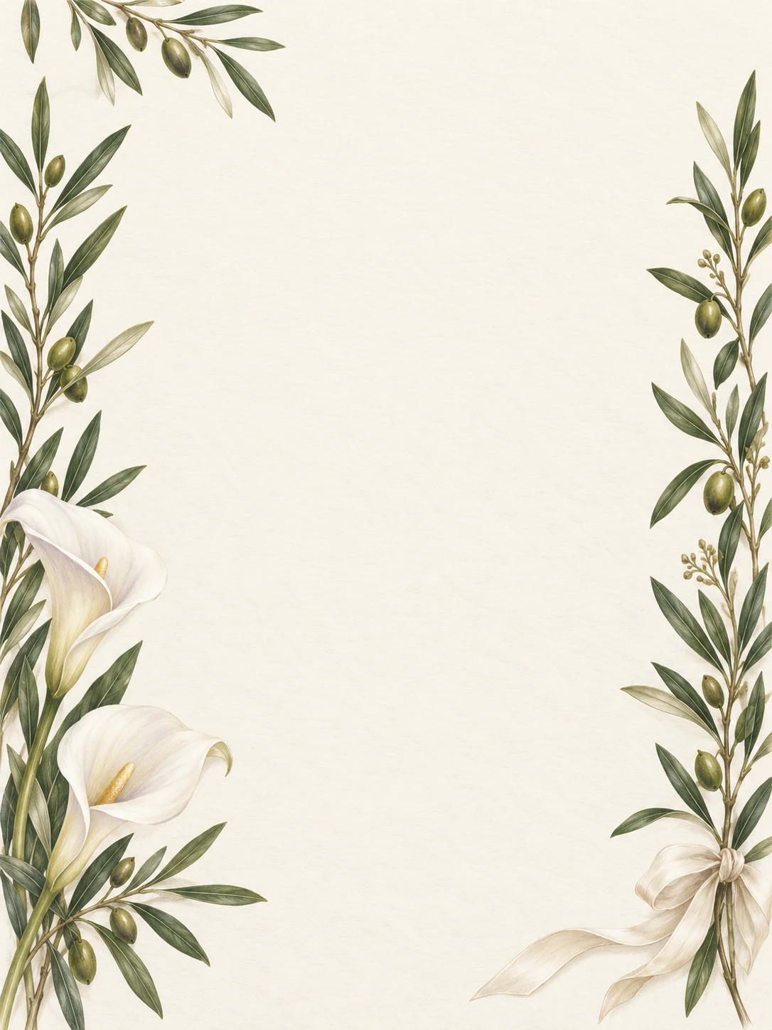 Olive branches and white calla lilies frame ivory paper, with a small silk ribbon at the lower right.