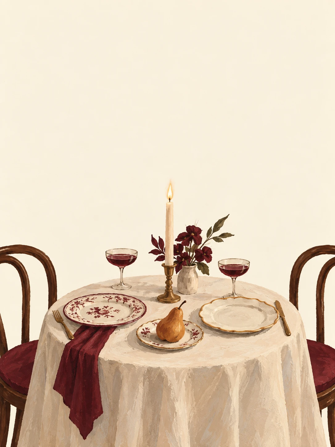 A candlelit round table set for two, with mismatched plates, wine glasses, burgundy flowers and a pear.