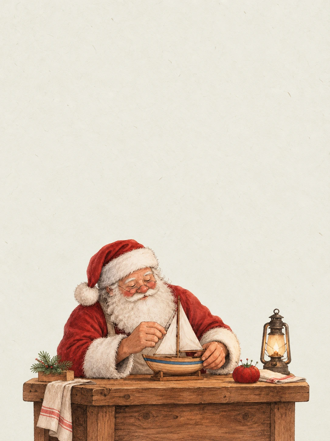 Santa works on a wooden toy sailboat at a small bench beside a lantern and red pincushion.
