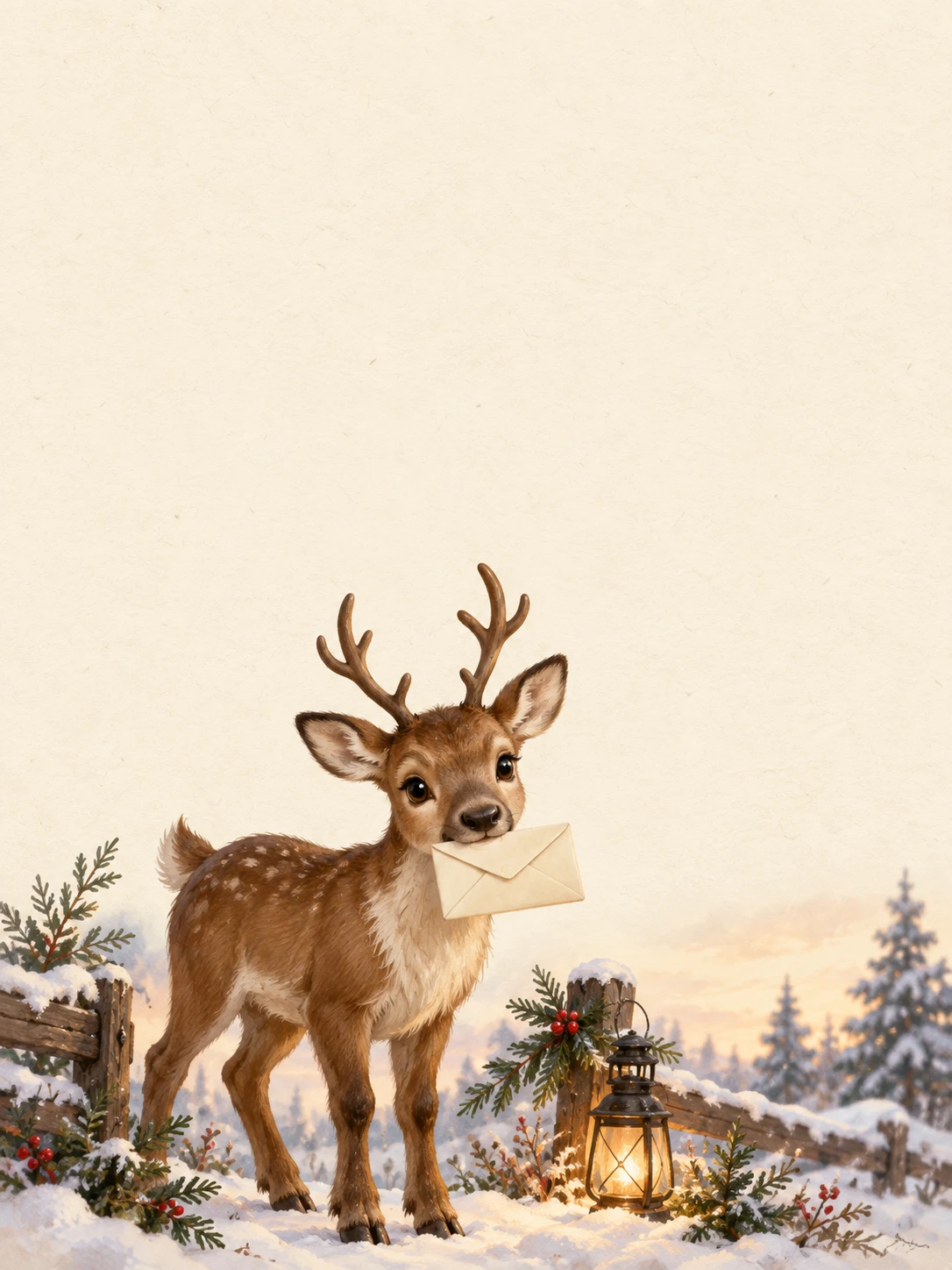 A young deer carries a cream envelope beside a snowy fence and a warm lantern.