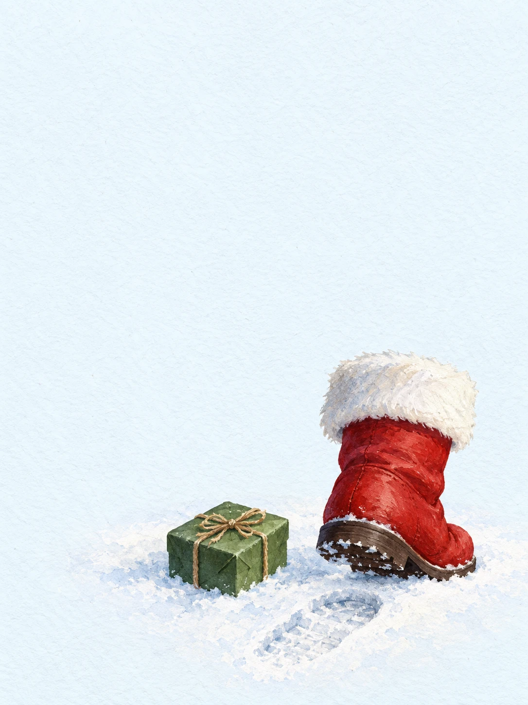A red Santa boot, a small green parcel and a single footprint in soft snow.