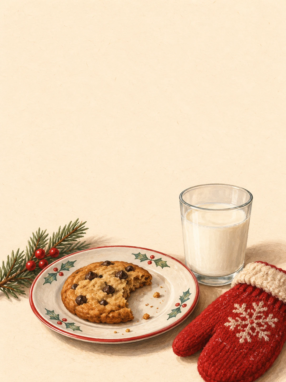 A bitten cookie, a glass of milk and a red knitted mitten on warm paper.