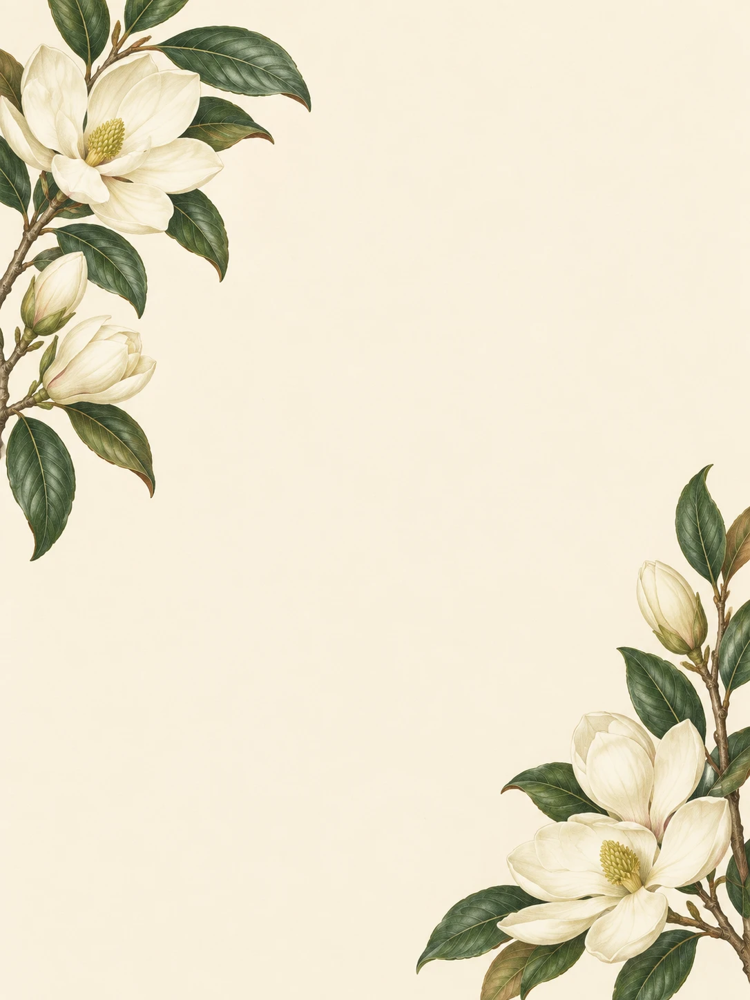 Cream magnolia flowers and dark green leaves balance the outer corners of ivory paper.