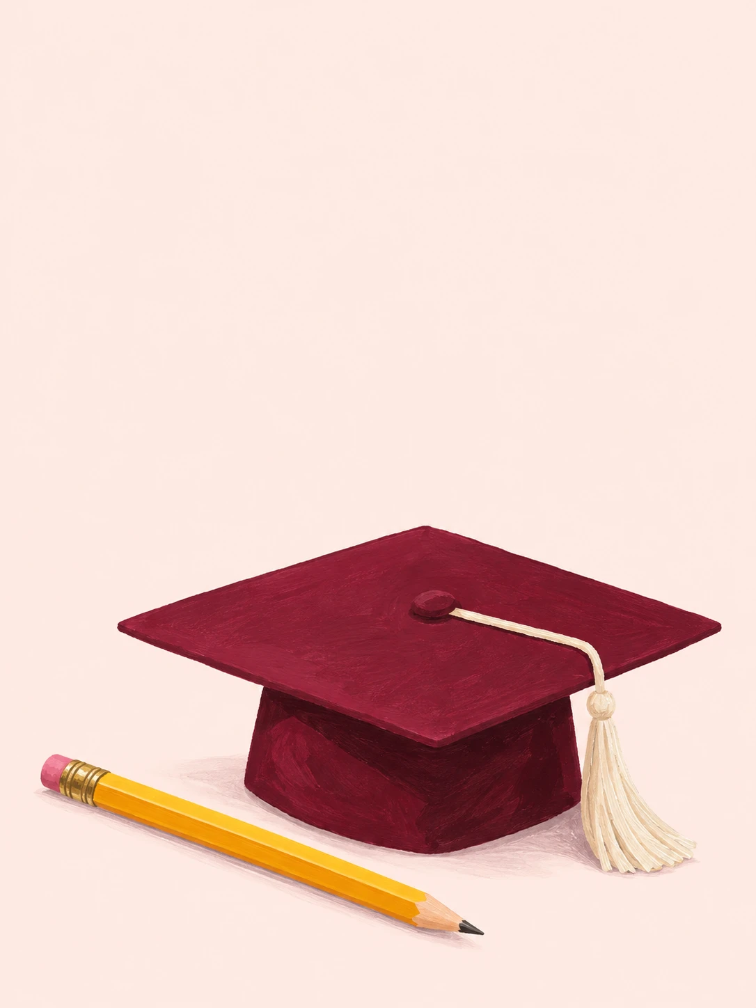 A yellow pencil rests beside a deep burgundy graduation cap in a matte painted study.