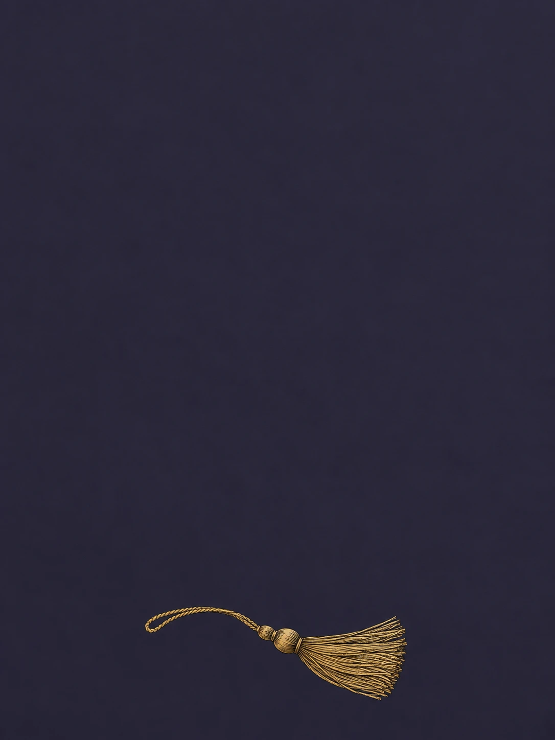 A small finely engraved golden graduation tassel curves across deep navy paper.