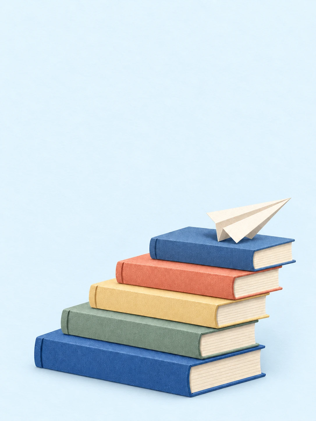 Five colorful books form steps beneath an ivory folded paper airplane on pale blue paper.
