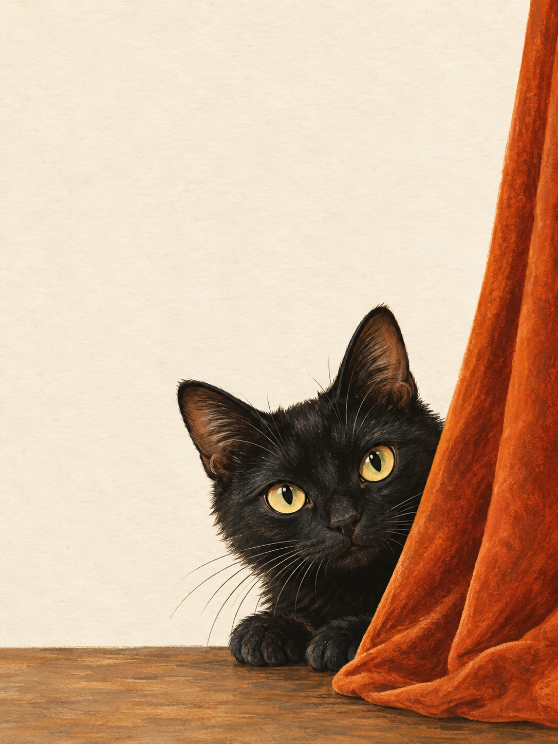 A black cat peeks from behind a burnt-orange curtain.